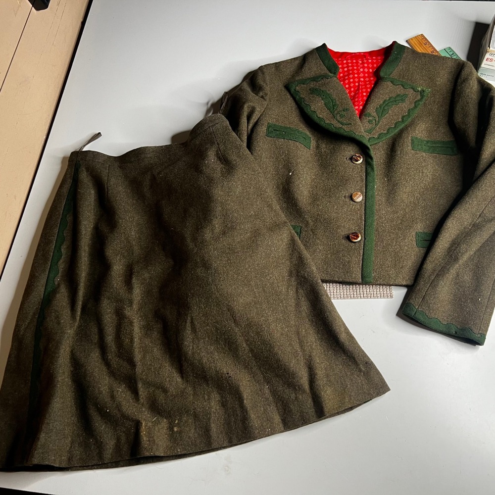 Vintage Echt Bayerischer Loden Wool Bavarian Trachten Skirt Suit Green Sz 38